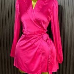 Long Sleeve Satin Pink Wrap Cocktail Dress Size 8